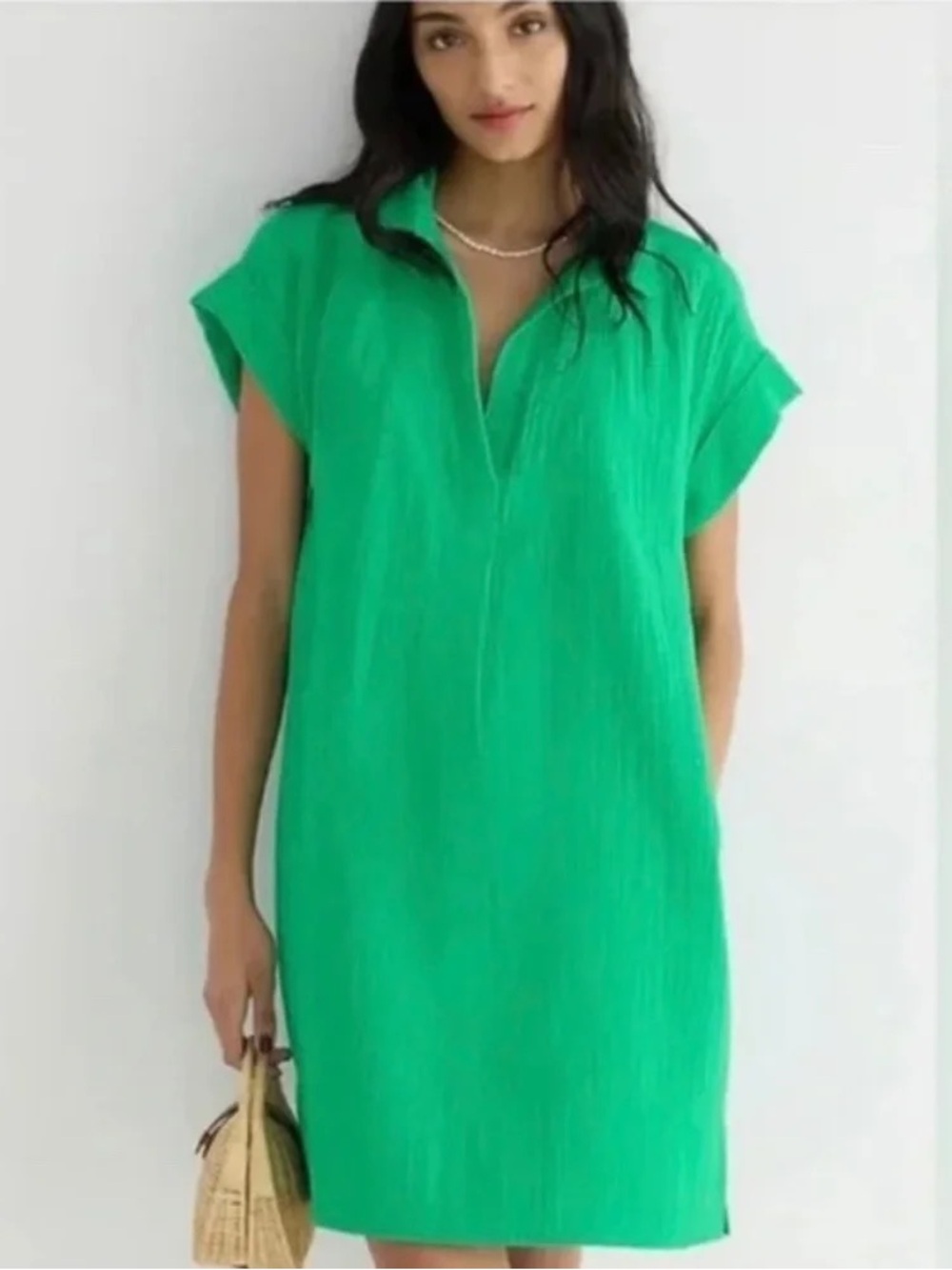 J. Crew Women’s V-Neck Shirtdress Soft Gauze Cotton Shortsleeve in Green L
